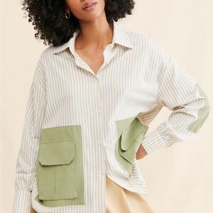 Anthropologie Cream Striped Button-Down Shirt with Sage Green Pockets